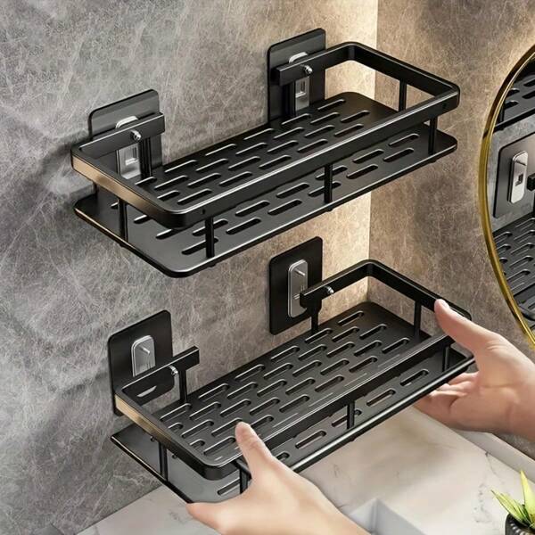 Cesta de ducha de montaje en pared con gran capacidad, instalación sin taladro, estante flotante para baño y cocina, ahorro de espacio y fácil instalación, para almacenar artículos de aseo, hecha de aluminio