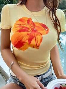 Camiseta gráfica de manga corta de cuello redondo ajustada y dulce con estampado floral de verano para mujeres Vaiaye