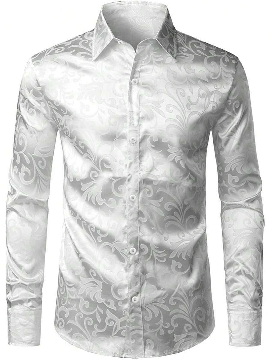 男士花卉提花长袖单排扣时尚衬衫，秋季 - 白色 - 查看 1