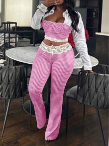 女士时尚格子弹力吊带背心蕾丝边上衣和裤子两件套 - 玫紅色 - 查看 1