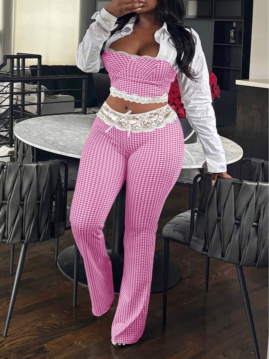 女士时尚格子弹力吊带背心蕾丝边上衣和裤子两件套 - 玫紅色 - 查看 1
