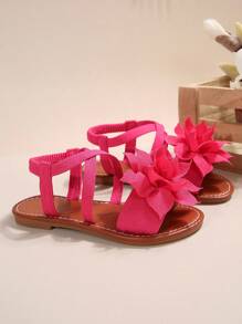 1 Pair Girls Sandals, New Floral Princess Shoes, Elastic Band Design, Soft Sole, Summer Casual Girls Beach Slippers - Pink - View 3