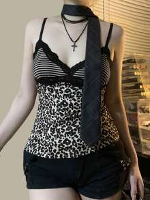Leopard Print Slim Sexy Camisole Y2K Vintage 2000s Lace Patchwork V Neck Spaghetti Strap Tank Tops Women Summer Tank Top Grunge Clothes - Khaki - View 3