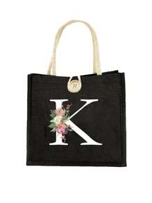 Letter Pattern Handbag Floral Print Linen Handbag Button Decorated Handbag Minimalist Large Capacity Handbag Portable Casual Storage Handbag - Black - View 24