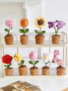 手工编织郁金香盆栽、钩针向日葵盆栽、心形花桌面摆件、编织玫瑰花成品、勿忘我盆栽、仿真花桌面摆件、派对小礼物 - 彩色 - 查看 5