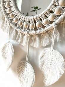 1 szt. Makrama Wiszące lustro do makijażu, Boho Style Wall Decor Round Tapestry Acrylic Mirror, Ręcznie tkane liście na krawędziach wiszące na ścianie, Dekoracja do salonu, sypialni, biura