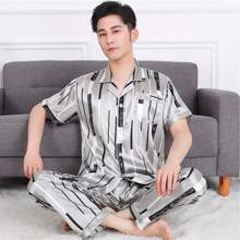 Pijama Tipo Seda Conjunto,Pantalones de Manga Larga Con Bolsillo,Azul Marino con Rayas Blancas,Negro,Se Pueden Usar Tres Tallas Hasta 90 kg. - Plateado - Ver 3