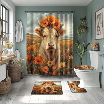 Juego de 1/4 piezas de cortina de ducha con estampado divertido y lindo de cabeza de vaca de las Tierras Altas en estilo de granja, decoración de primavera feliz, impermeable y funcional para la decoración del hogar en todo baño, ducha y bañera con 12 ganchos y alfombra de baño lavable a máquina. De vuelta al colegio.