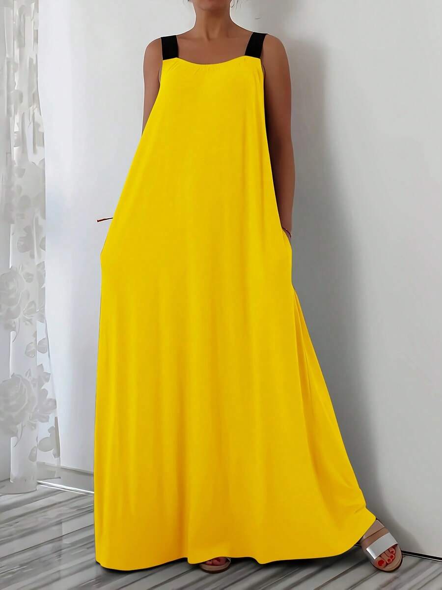 Plus Size Loose Casual Dress With Contrasting Strap Design And Pockets - Yellow - View 1
