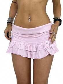 Women Pleated Skorts Low Waist Embroidery Letters Layered Summer Shorts Clubwear - 粉色 - 查看 6