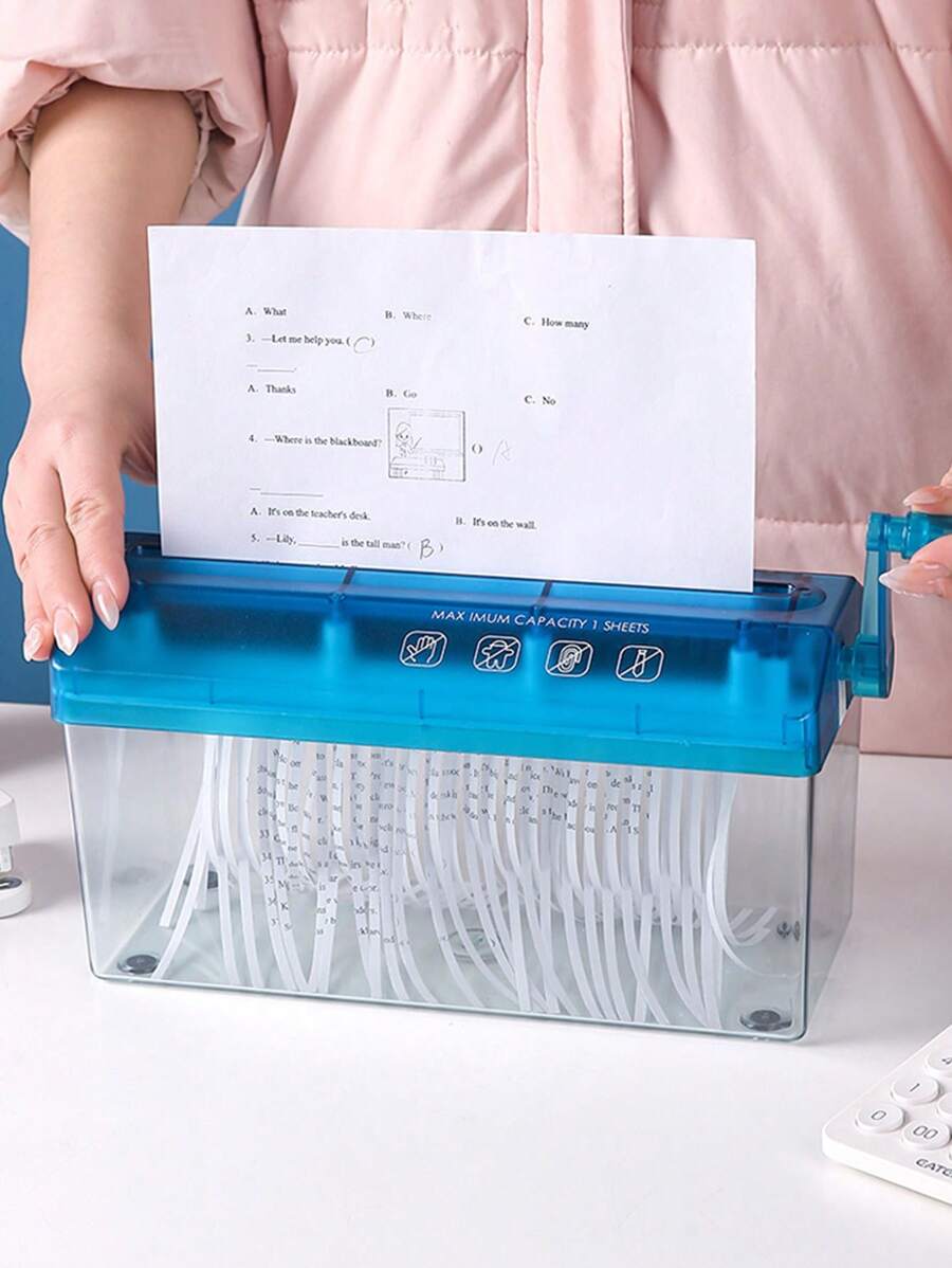1Pc Portable Hand Shredder Manual Paper Shredder Mini Paper Cutting Machine With Basket Office School Home Desktop Stationery For Paper Bills Receipts - Blue - View 1