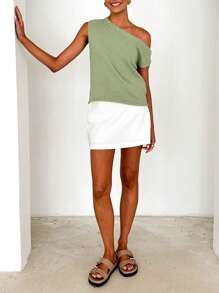 Maglione casual e comodo da donna con spalla obliqua, oversize, maniche corte, in maglia larga, top per uscire, adatto per primavera, estate e autunno