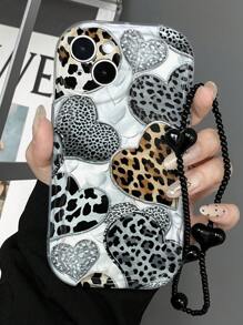 1pc Fashionable Glossy Leopard Print Heart Shockproof Thickened Phone Case, Compatible With IPhone 11/12/13/14, 11/12/13/14 Pro Max, XR, 15/15 Pro/15 Pro Max, And Galaxy A05/A15/A25/A35/A53/A54/A55/S23/S24, Including A Lanyard