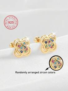 Artepollo 1pc 925 Sterling Silver Hypoallergenic Colorful Flower Stud Earrings, Inlaid With Sparkling Cubic Zirconia, Screw-Back Earring Clasp, Petite & Elegant, Gift For Girls, Friends, Back To School