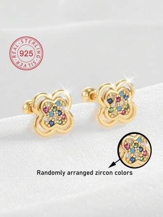 Artepollo 1pc 925 Sterling Silver Hypoallergenic Colorful Flower Stud Earrings, Inlaid With Sparkling Cubic Zirconia, Screw-Back Earring Clasp, Petite & Elegant, Gift For Girls, Friends, Back To School