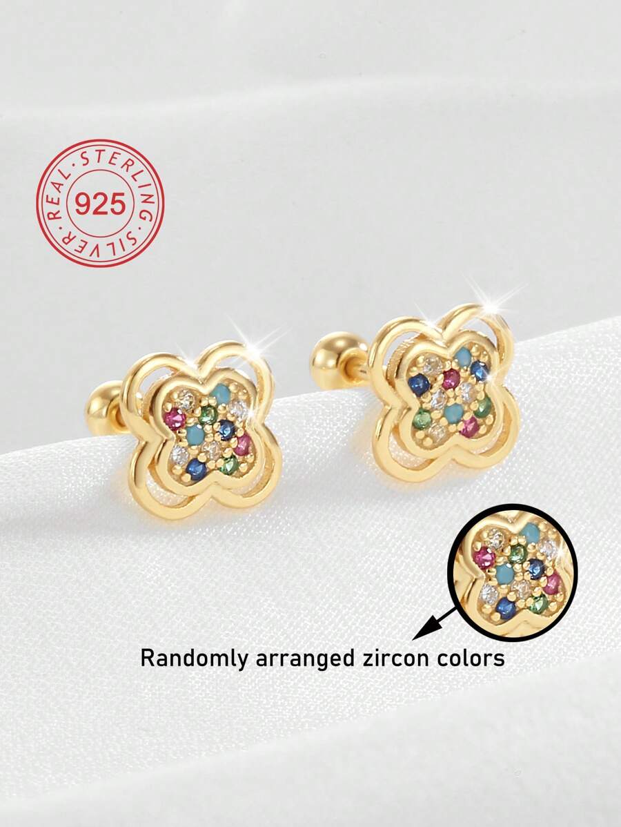 Artepollo 1pc 925 Sterling Silver Hypoallergenic Colorful Flower Stud Earrings, Inlaid With Sparkling Cubic Zirconia, Screw-Back Earring Clasp, Petite & Elegant, Gift For Girls, Friends, Back To School