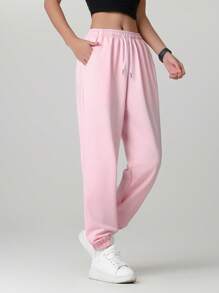 1pc Women's Solid Color Pocket Simple Casual Everyday Hiking Trekking Versatile Running Sports Cycling Jogging Long Pants - Pink - View 4