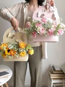 5件装母亲节情人节婚礼妇女节教师节手提蛋糕花盒手提花篮纸蝴蝶结花盒插花盒鲜花包装礼盒 - 彩色 - 查看 3