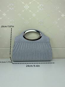 女士优雅纯色褶皱托特晚宴包，轻质涤纶磁扣，精致金属环手柄，闪亮斜挎链条肩带