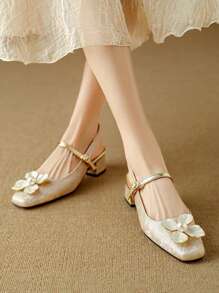 珍珠山茶花缀饰女士拖鞋，法式复古 PU 皮革中跟露背一脚蹬鞋，适合春夏季 - 杏色 - 查看 8