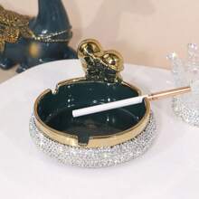 1 pièce, Série Diamant, Cendrier vert doré de luxe avec décoration de strass - Grande capacité, Matériau en céramique, Convient pour la décoration de la maison et du bureau