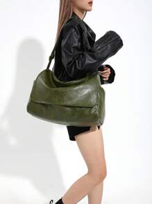 Retro PU Leather Crossbody Bag, Large Capacity Shoulder Bag, SolidColor Tote Bag For Women - Green - View 2