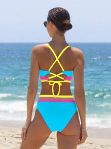 popvil Women's Beach Vacation Mesh Patchwork Tie-Back Contrast Color Bikini Set - Blue - View 2