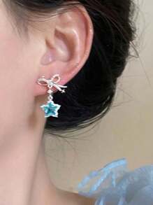 1 Cặp bông tai đinh tán hình ngôi sao pha lê xanh ngọt ngào dành cho phụ nữ Ngày lễ tình nhân, Mẹ, Mẹ, Ngày của Mẹ, Quà tặng - Màu xanh nhạt - Xem 2