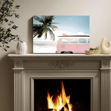 1pc Framed Canvas Poster, Pink Car With Surfboard And Palm Ocean Painting Wall Art Canvas Paintings, Ideal Gift For Bedroom Living Room Corridor Wall Art Room Decoration