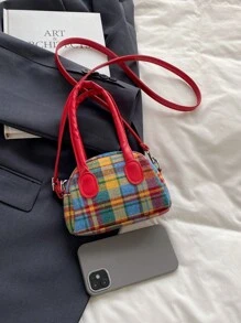 1pc Handtas (Groot/Klein) Amerikaanse Retro Niche Messenger Bag Plaid Contrast Kleur Hand-Held Bowling Bag Schoudertas, Koreaanse Stijl Veelzijdig, Schouderband Casual en Comfortabel, Glad en Lang Veelzijdig, Geschikt voor Dagelijkse Boodschappen en Reizen van Meisjes
