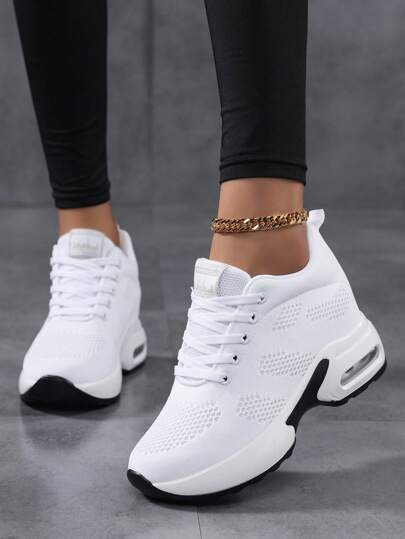 Fall/Winter Women's Solid Color Mesh Sneakers, Lace Up Heightening Casual Breathable Sporty Trainers, Low-Top Comfy Shoes