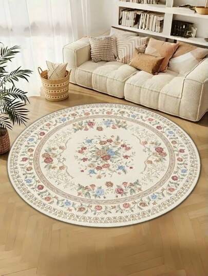 1pc Vintage Floral Round Rug, Bohemian Style Decorative Rug, Durable & Lightweight Polyester Fiber Carpet For Living Room Sofa Bedroom Home Decor, Holiday Decorative Rug