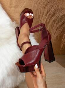 酒红色粗跟凉鞋，时尚晚宴修身高跟鞋，适合圣诞节、新年、万圣节、感恩节等场合，女士厚底高跟鞋 - 酒紅色 - 查看 2