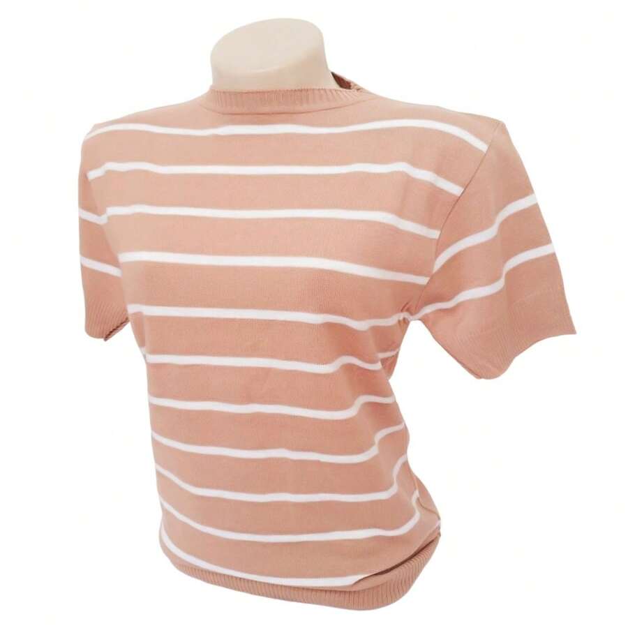 Striped Modal Blouse Short Sleeve Old Money Style Women's Fashion Spring Summer - Nuevo Beige con Blanco - Ver 1