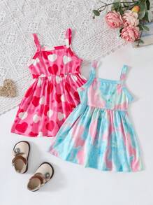 2pcs Baby Girls Cute Casual All-Over Print Elegant Spaghetti Strap Dress, Summer