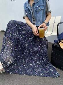 EARO 女式海军蓝碎花 A 字裙，高腰休闲宽松度假优雅设计拼布褶皱长裙，春秋 - 藍色 - 查看 4