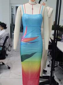 Women's Summer Long Dress U Neck Sleeveless Spaghetti Strap Leaves Pattern Slit Hem Contrasting Color Sequins Slim Dress - 藍色 - 查看 3