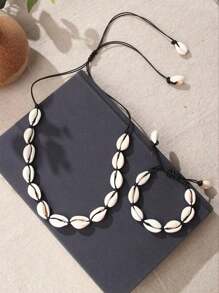 2pcs/Set Natural Handmade Shell Braided Chain Necklace & Bracelet, Beach Resort Jewelry Gift, Adjustable - Black - View 4
