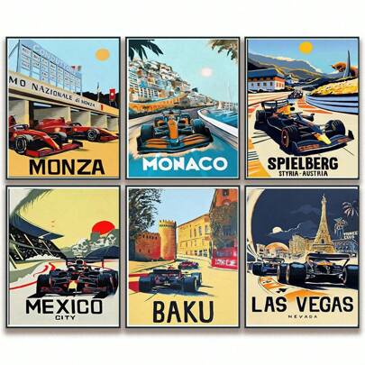 6 Stücke Vintage Rennauto Poster Set, rahmenlose Papierdrucke, Retro Motorsport Wandkunst für Fitnessstudio, Büro, Männerhöhle Dekoration, Männerschlafzimmer, perfekte Raumdekoration