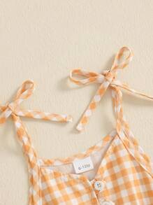 Little Girls Summer Cami Jumpsuit Sleeveless Button Up Ruffle Trim Plaid Overalls With Belt - Yellow - View 8