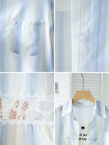 女装新款韩版宽松长袖俏皮休闲拼色衬衫蕾丝少女学院风条纹外套带口袋防晒开衫日常穿搭外出居家约会旅游度假 - 藍色 - 查看 11