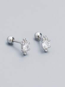 1 Pair 2pcs 925 Sterling Silver Pierced Screw Earrings With Geometric Rhinestone, Delicate Small Everyday Ear Accessories Women Gift