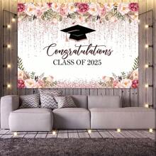 1pc Rose Gold Floral Watercolor Dot 2025 Graduation Photo Backdrop, Celebration Photography Studio Prop For 2025 Graduation Party Decor - Color - View 8