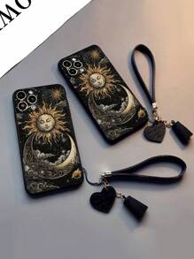 1 pieza Funda protectora de teléfono con borde perforado en forma de luna negra, diseño 3D resistente a golpes, con un nuevo diseño de cordón con forma de corazón como accesorio de teléfono DIY, con borla corta pendiente de la muñeca