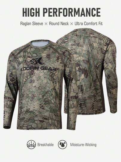KOOFIN GEAR 高性能插肩袖钓鱼衫，采用柔软透气面料，饰以抽象迷彩图案