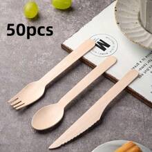 75/150/300 Sets Of Disposable Wooden Cutlery, 5.51 Inches Long, Including Spoons, Forks, And Knives (25 Pieces Per Set, 50 Pieces Per Set, 100 Pieces Per Set), Cake Dessert Ice Cream Spoons, Suitable For Birthday, Party Supplies, Christmas Gifts, Birthday Banquet Tableware, Graduation Season, Wedding And Home Decoration, Tableware, Kitchen Accessories And Home Kitchen Utensils / Disposable Tableware Sets