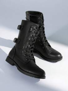 Women's Mid-Calf Combat Boots Round Toe Lace-Up Coin Pocket Outdoor Commuter Black Boots