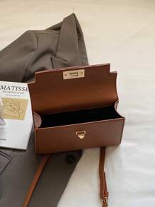 Women's PU Leather Geometric Lock Chain Small Square Shoulder Bag, Commuting Fashion Minimalist Street Elegant Purse - Brown - View 4