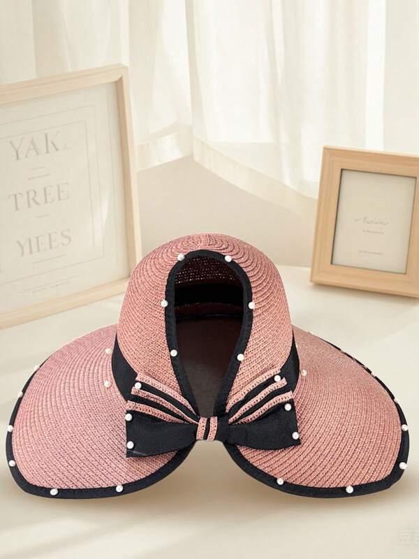 1 pieza Sombrero de paja para, diseño sencillo coreano para mujer, con lazo decorativo, apropiado para actividades al aire libre, Rosa Coral