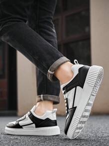 Giày thể thao đế cao su vá màu tương phản cổ điển màu đen và trắng dành cho nam, tối giản, thoải mái, chống trượt, buộc dây, thích hợp để đi làm, ngoài trời, thanh thiếu niên, đa năng - trắng và đen - Xem 6